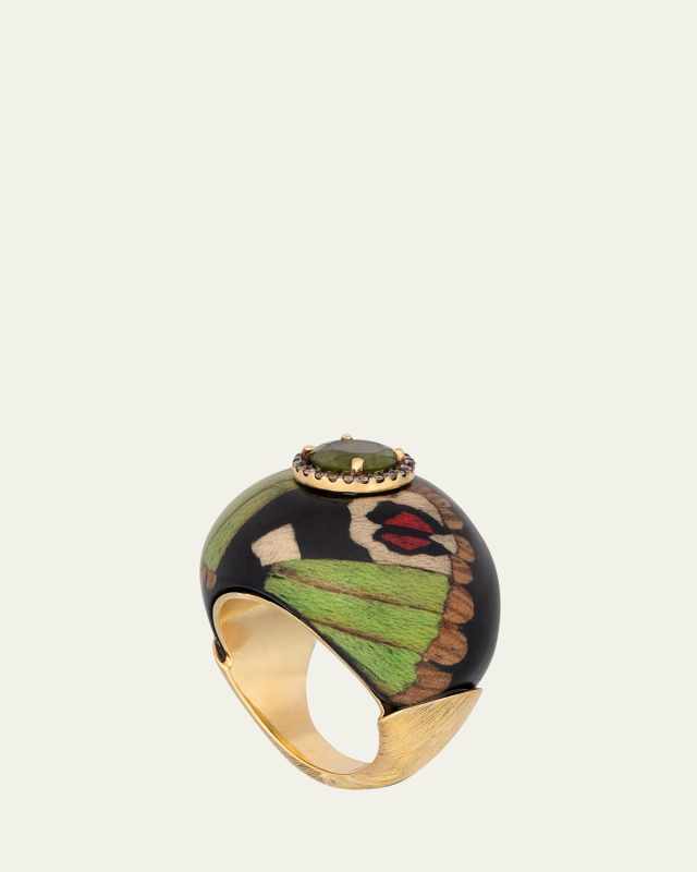 18K Yellow Gold Marquetry Ring with Green Butterfly Pattern, Diamonds and Peridot